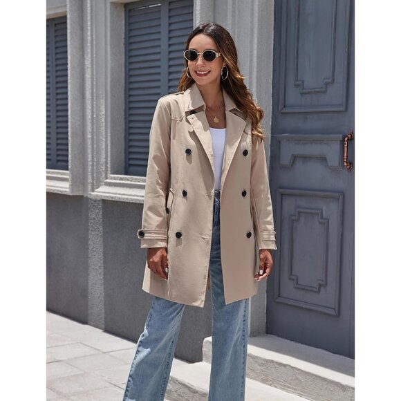 Women's Khaki  Waterproof Trench Coat Classic Lapel Outerwear Coat with Belt - Picture 3 of 6